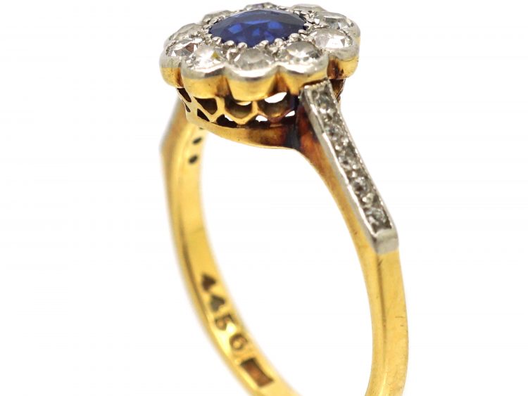 Edwardian 18ct Gold & Platinum, Sapphire & Diamond Cluster Ring with Angled Diamond Set Shoulders