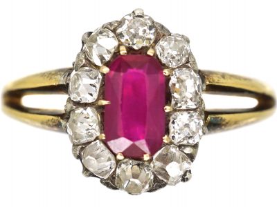 Edwardian 18ct Gold, Burma Ruby & Diamond Oval Cluster Ring