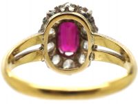 Edwardian 18ct Gold, Burma Ruby & Diamond Oval Cluster Ring