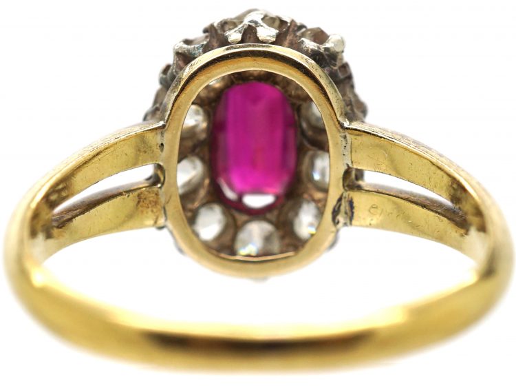 Edwardian 18ct Gold, Burma Ruby & Diamond Oval Cluster Ring