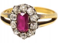Edwardian 18ct Gold, Burma Ruby & Diamond Oval Cluster Ring