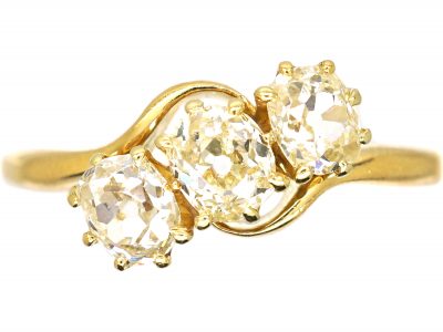 Edwardian 18ct gold, Three Stone Old Mine Cut Diamond Crossover Ring