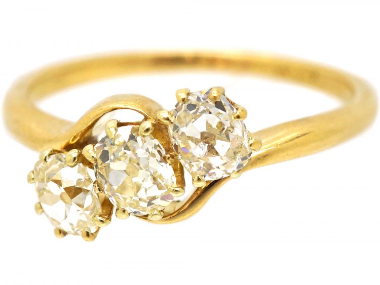 Edwardian 18ct gold, Three Stone Old Mine Cut Diamond Crossover Ring