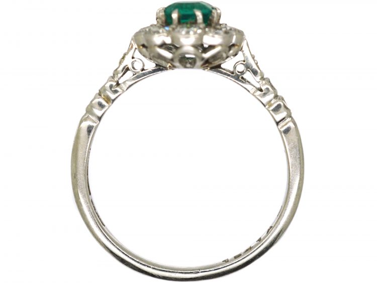 Edwardian Platinum, Diamond & Emerald Cluster Ring with Diamond Set Shoulders