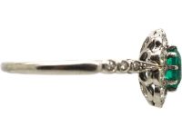 Edwardian Platinum, Diamond & Emerald Cluster Ring with Diamond Set Shoulders