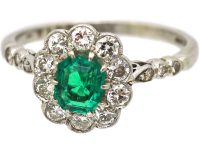 Edwardian Platinum, Diamond & Emerald Cluster Ring with Diamond Set Shoulders