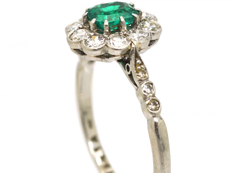 Edwardian Platinum, Diamond & Emerald Cluster Ring with Diamond Set Shoulders