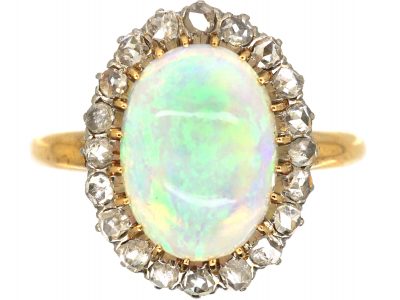 Early 20th Century French Import 18ct Gold Cluster Ring set with an Opal & Rose Diamonds
