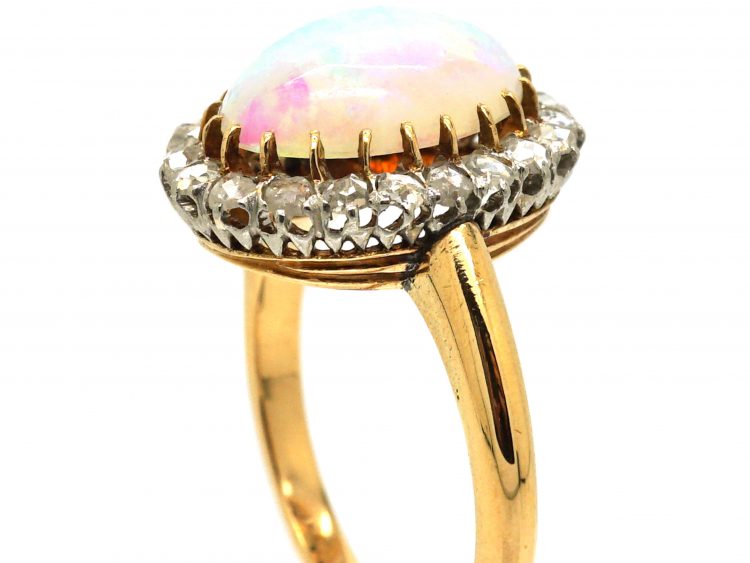 Early 20th Century French Import 18ct Gold Cluster Ring set with an Opal & Rose Diamonds