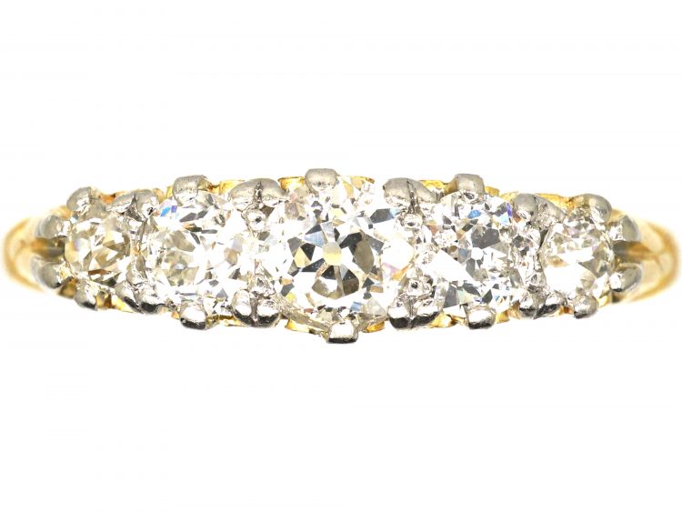 Victorian 18ct Gold, Five Stone Diamond Carved Half Hoop Ring