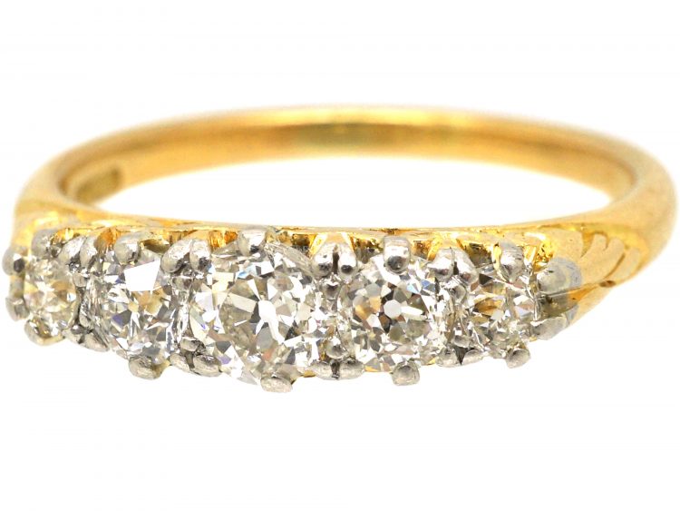 Victorian 18ct Gold, Five Stone Diamond Carved Half Hoop Ring
