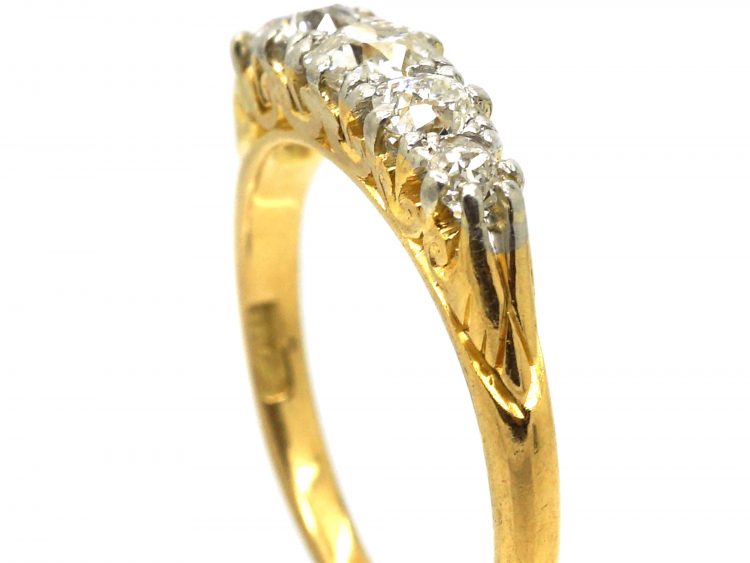 Victorian 18ct Gold, Five Stone Diamond Carved Half Hoop Ring