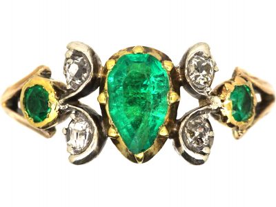 Georgian 18ct Gold & Silver, Pear Shaped Emerald & Diamond Ring