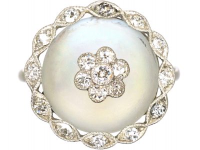 Edwardian 18ct Gold & Platinum, Moonstone & Diamond Cluster Ring