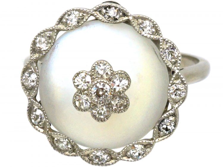 Edwardian 18ct Gold & Platinum, Moonstone & Diamond Cluster Ring