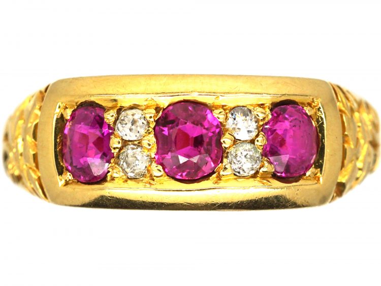 Victorian 18ct Gold, Three Stone Ruby & Diamond Ring