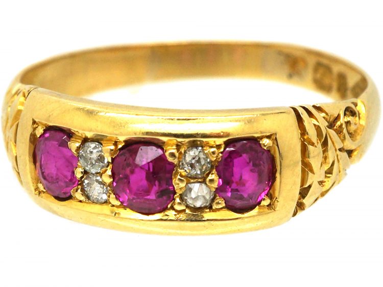 Victorian 18ct Gold, Three Stone Ruby & Diamond Ring