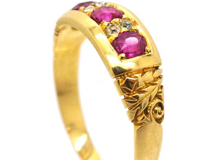 Victorian 18ct Gold, Three Stone Ruby & Diamond Ring