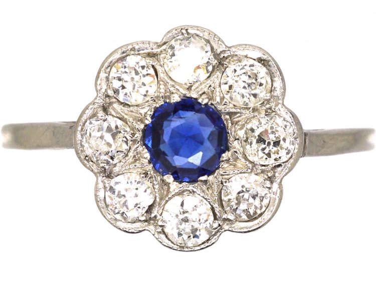 Edwardian Platinum, Sapphire & Diamond Cluster Ring