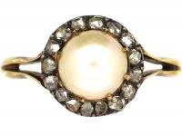 Edwardian 18ct Gold, Natural Pearl & Rose Diamond Cluster Ring