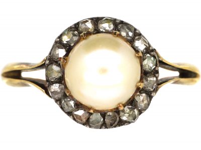 Edwardian 18ct Gold, Natural Pearl & Rose Diamond Cluster Ring