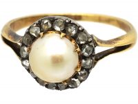 Edwardian 18ct Gold, Natural Pearl & Rose Diamond Cluster Ring