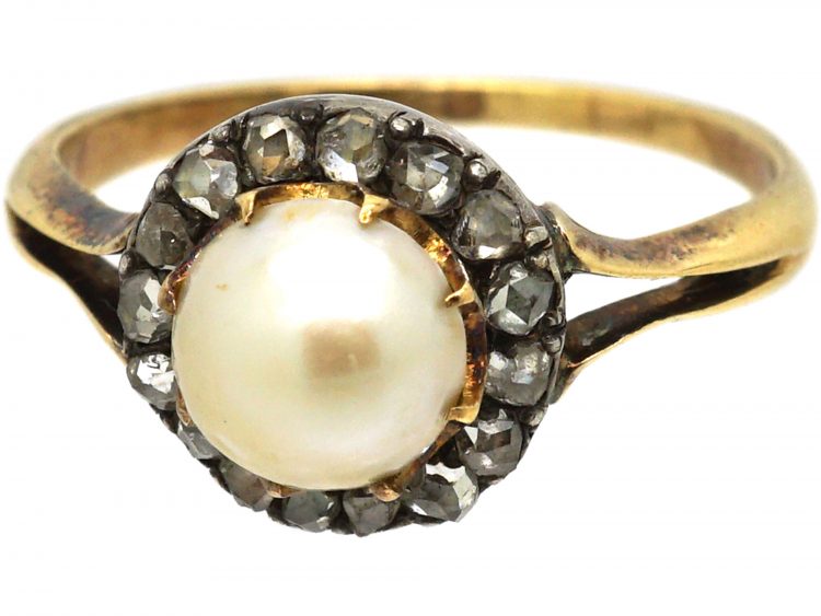 Edwardian 18ct Gold, Natural Pearl & Rose Diamond Cluster Ring
