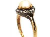 Edwardian 18ct Gold, Natural Pearl & Rose Diamond Cluster Ring