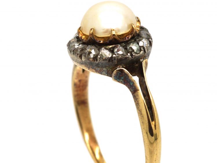 Edwardian 18ct Gold, Natural Pearl & Rose Diamond Cluster Ring