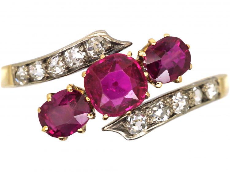 Edwardian 18ct Gold, Ruby & Diamond Crossover Ring
