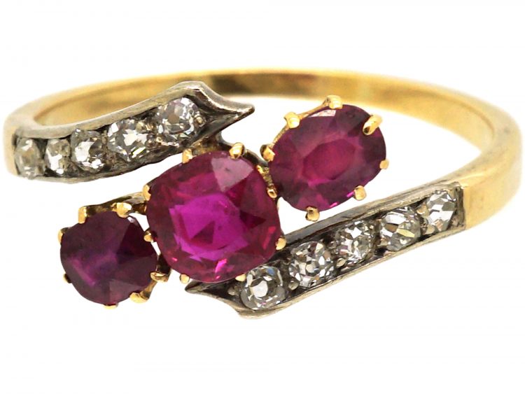 Edwardian 18ct Gold, Ruby & Diamond Crossover Ring