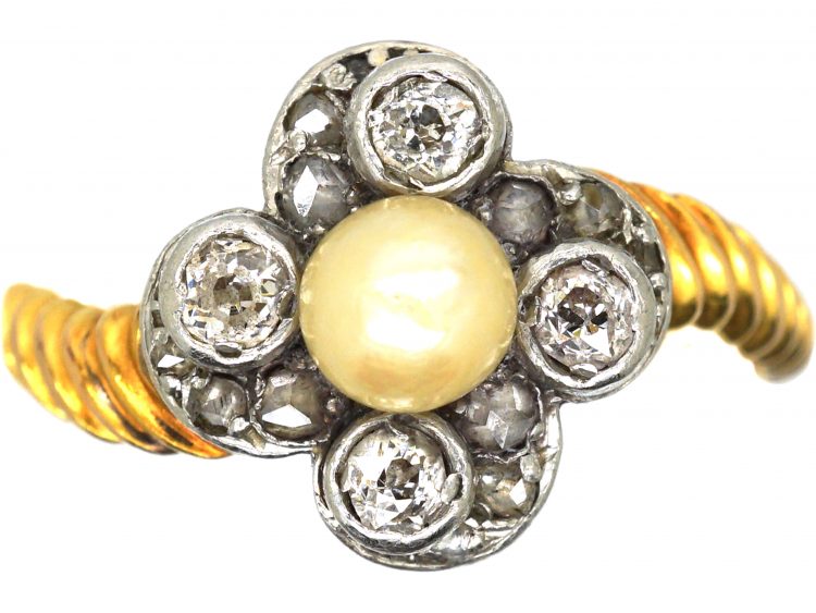 Edwardian 18ct Gold Twist Ring set with Diamonds & a Natural Pearl