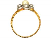 Edwardian 18ct Gold Twist Ring set with Diamonds & a Natural Pearl