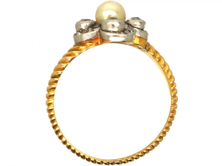 Edwardian 18ct Gold Twist Ring set with Diamonds & a Natural Pearl