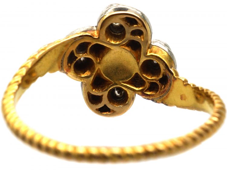 Edwardian 18ct Gold Twist Ring set with Diamonds & a Natural Pearl