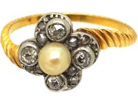 Edwardian 18ct Gold Twist Ring set with Diamonds & a Natural Pearl