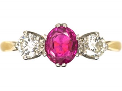 Edwardian 18ct Gold, Ruby & Diamond Three Stone Ring