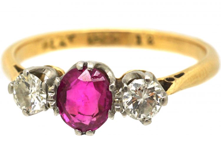 Edwardian 18ct Gold, Ruby & Diamond Three Stone Ring