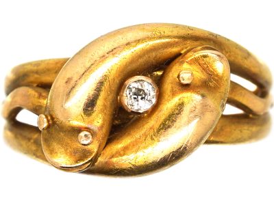 Victorian 15ct Gold Double Snake Ring set with a Diamond