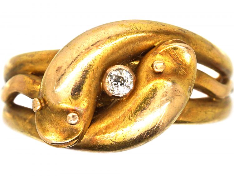 Victorian 15ct Gold Double Snake Ring set with a Diamond