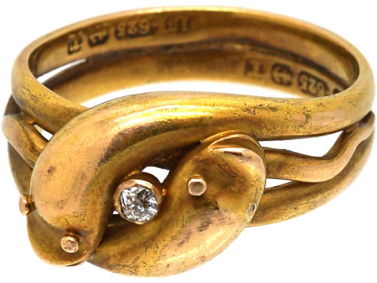 Victorian 15ct Gold Double Snake Ring set with a Diamond