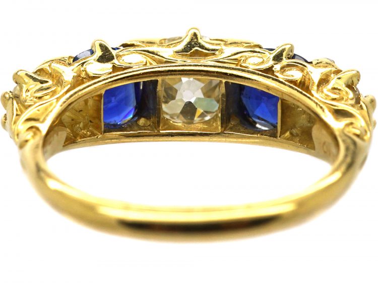 Victorian 18ct Gold Five Stone Sapphire & Diamond Carved Half Hoop Ring
