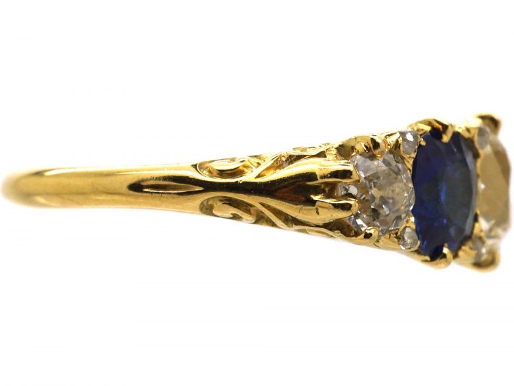 Victorian 18ct Gold Five Stone Sapphire & Diamond Carved Half Hoop Ring
