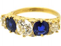 Victorian 18ct Gold Five Stone Sapphire & Diamond Carved Half Hoop Ring