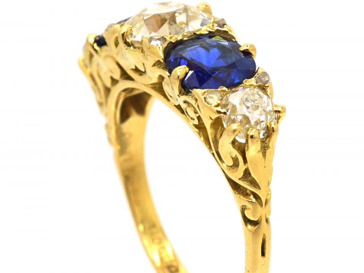 Victorian 18ct Gold Five Stone Sapphire & Diamond Carved Half Hoop Ring