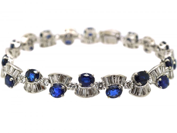 Retro Platinum, Sapphire & Baguette Diamond Wavy Bracelet
