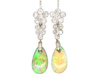 Edwardian 18ct White Gold, Opal & Diamond Drop Earrings in Original Case