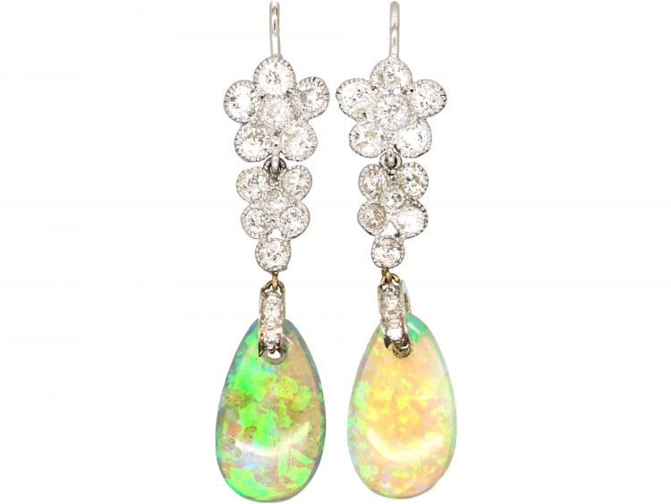 Edwardian 18ct White Gold, Opal & Diamond Drop Earrings in Original Case