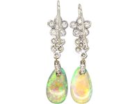 Edwardian 18ct White Gold, Opal & Diamond Drop Earrings in Original Case
