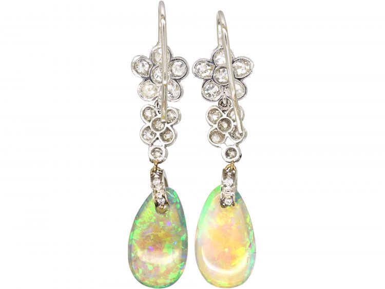 Edwardian 18ct White Gold, Opal & Diamond Drop Earrings in Original Case